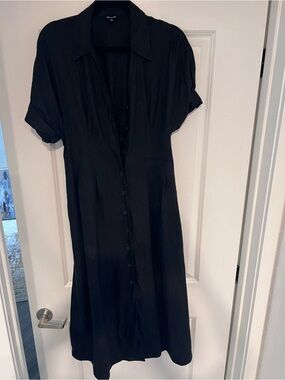 Madewell Black Short-Sleeve Button-Down Linen Midi Shirt Dress